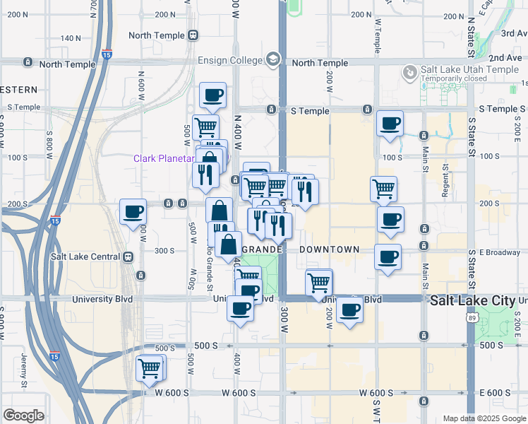 map of restaurants, bars, coffee shops, grocery stores, and more near 327 West 200 South in Salt Lake City
