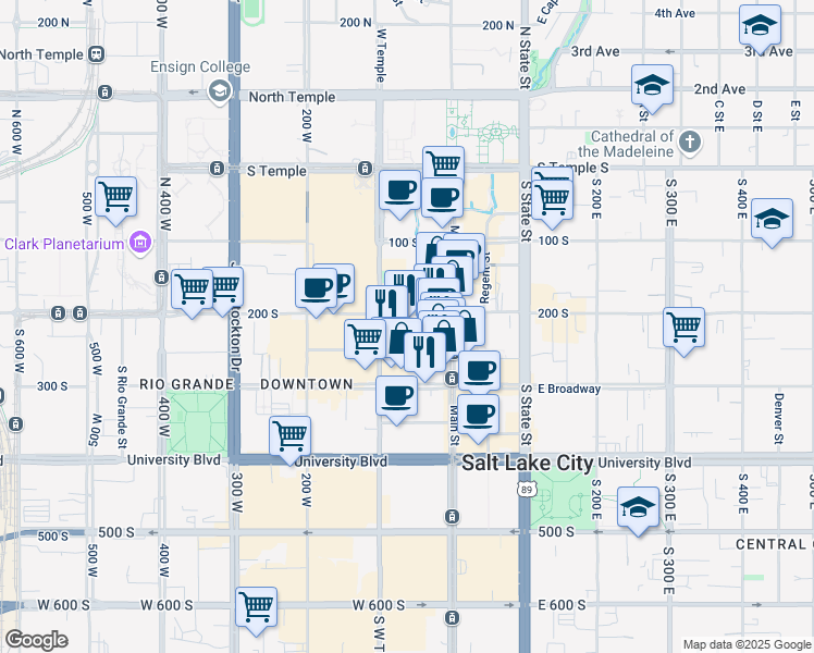 map of restaurants, bars, coffee shops, grocery stores, and more near 48 West Broadway in Salt Lake City