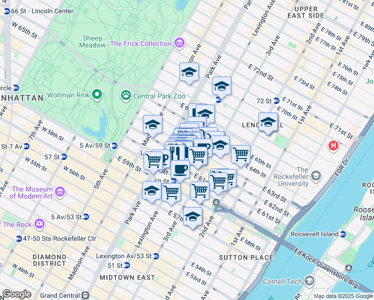 map of restaurants, bars, coffee shops, grocery stores, and more near 130 East 63rd Street in New York