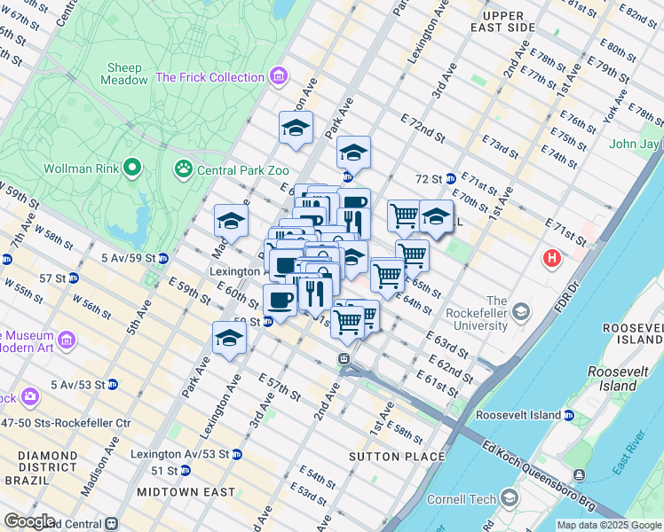 map of restaurants, bars, coffee shops, grocery stores, and more near 188 East 64th Street in New York
