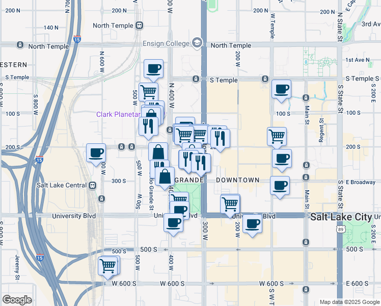map of restaurants, bars, coffee shops, grocery stores, and more near 346 Pierpont Avenue in Salt Lake City