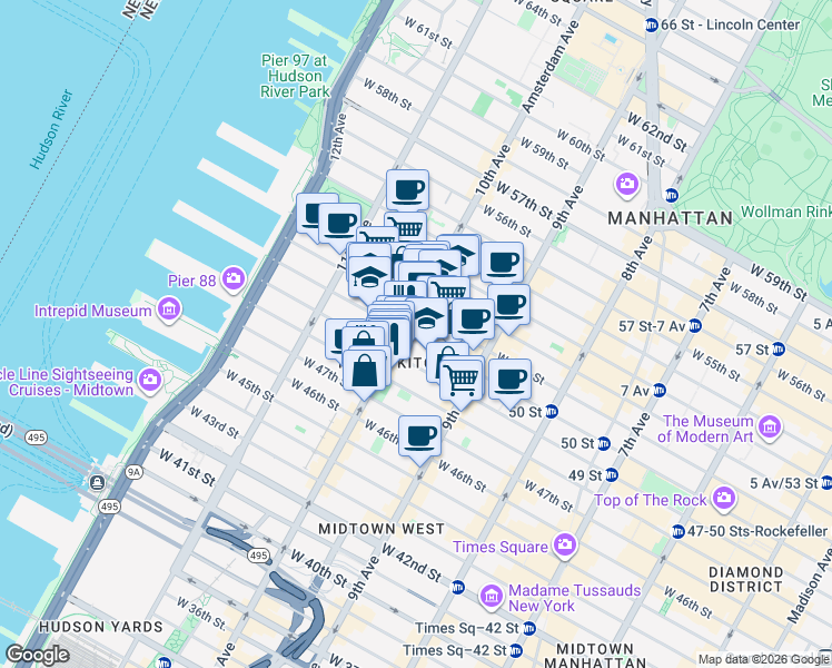 map of restaurants, bars, coffee shops, grocery stores, and more near in New York