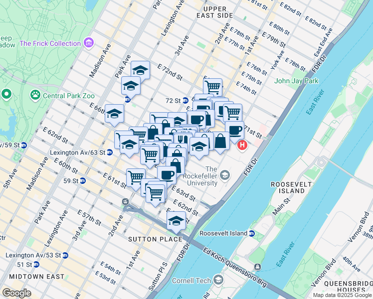 map of restaurants, bars, coffee shops, grocery stores, and more near 342 East 67th Street in New York