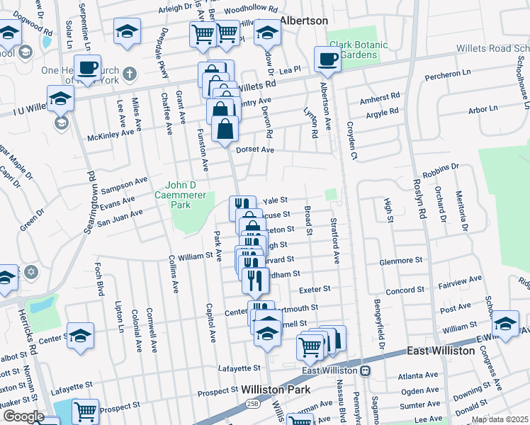 map of restaurants, bars, coffee shops, grocery stores, and more near 29 Princeton Street in Williston Park