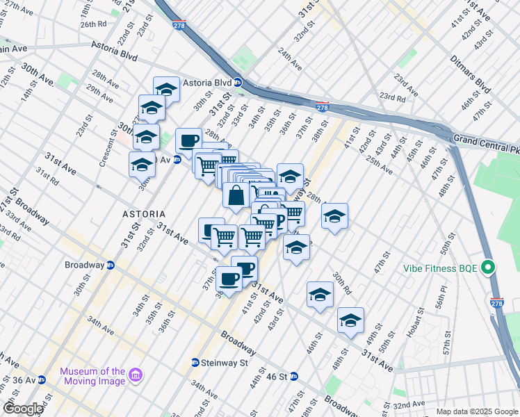 map of restaurants, bars, coffee shops, grocery stores, and more near 30-19 37th Street in Queens