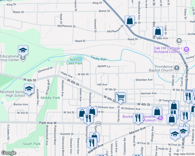 map of restaurants, bars, coffee shops, grocery stores, and more near 187 Penn Avenue in Mansfield