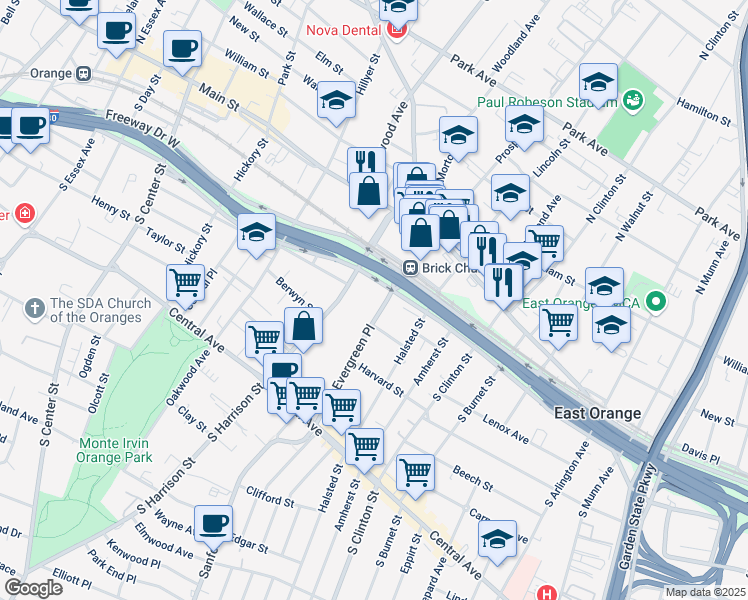 map of restaurants, bars, coffee shops, grocery stores, and more near 50 Evergreen Place in East Orange