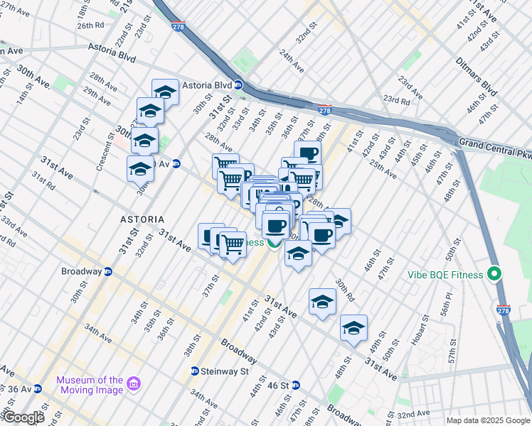 map of restaurants, bars, coffee shops, grocery stores, and more near 2858 Steinway Street in Queens