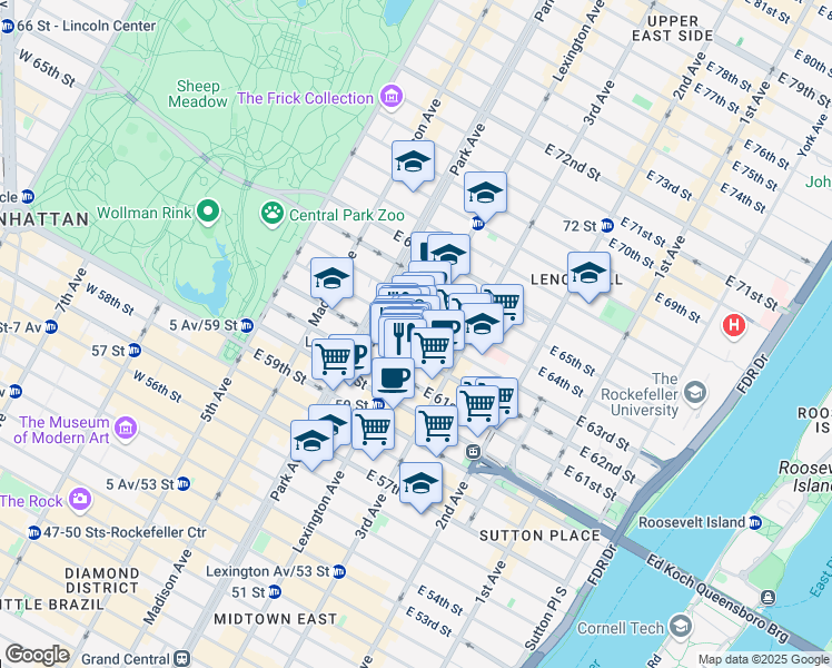map of restaurants, bars, coffee shops, grocery stores, and more near 819 Lexington Avenue in New York