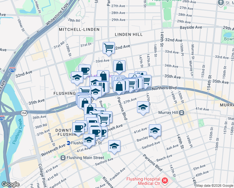 map of restaurants, bars, coffee shops, grocery stores, and more near 36-20 Parsons Boulevard in Queens