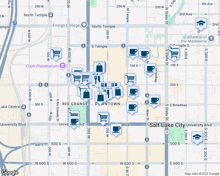 map of restaurants, bars, coffee shops, grocery stores, and more near 224 South 200 West in Salt Lake City
