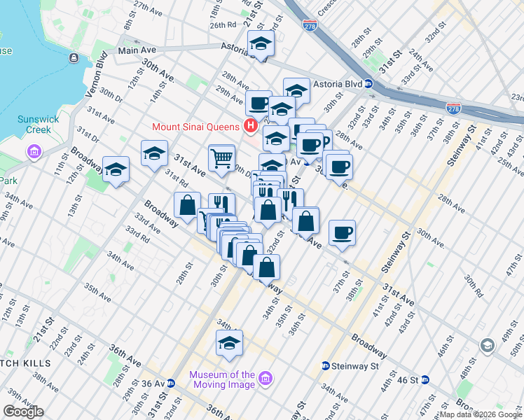 map of restaurants, bars, coffee shops, grocery stores, and more near in Queens