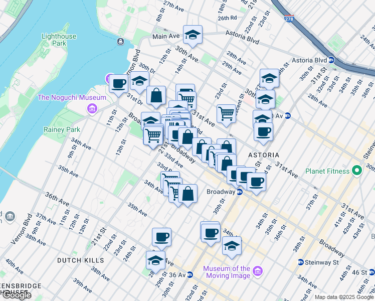 map of restaurants, bars, coffee shops, grocery stores, and more near 3211 23rd Street in Queens