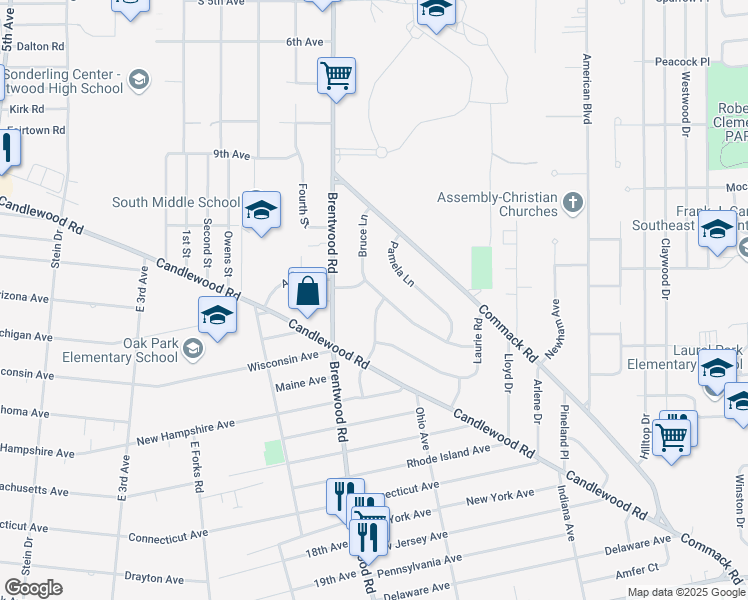 map of restaurants, bars, coffee shops, grocery stores, and more near 18 Marsha Lane in Brentwood