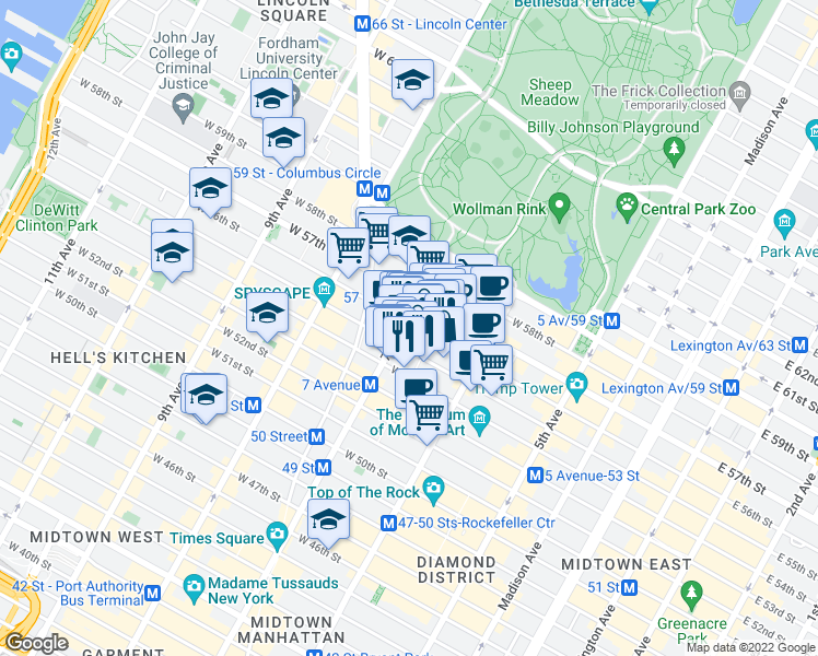 map of restaurants, bars, coffee shops, grocery stores, and more near 145 West 55th Street in New York