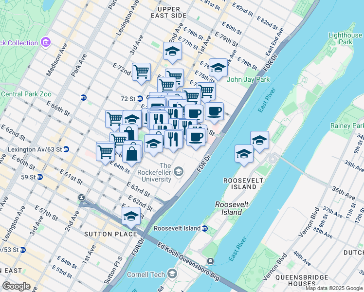map of restaurants, bars, coffee shops, grocery stores, and more near 1283 York Avenue in New York