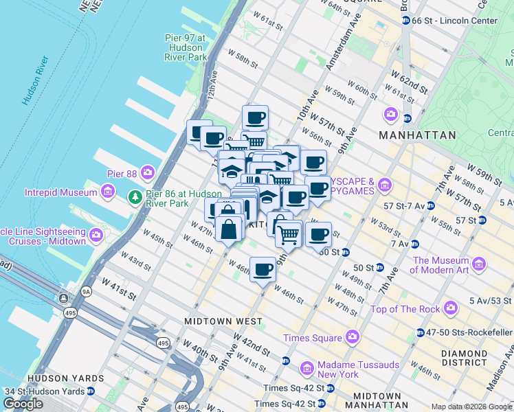 map of restaurants, bars, coffee shops, grocery stores, and more near in New York