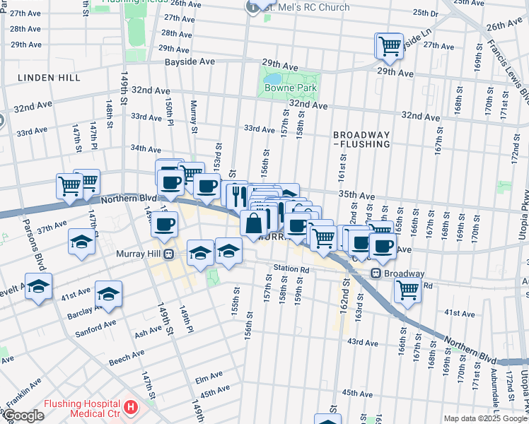 map of restaurants, bars, coffee shops, grocery stores, and more near 156-10 Northern Boulevard in Queens