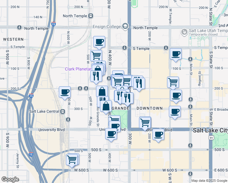 map of restaurants, bars, coffee shops, grocery stores, and more near 375 West 200 South in Salt Lake City
