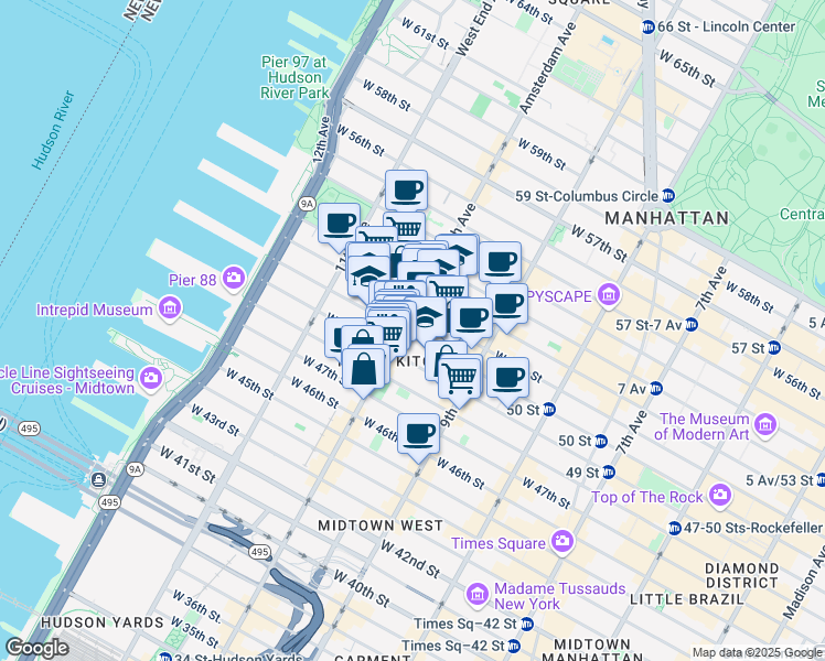 map of restaurants, bars, coffee shops, grocery stores, and more near 459 West 50th Street in New York