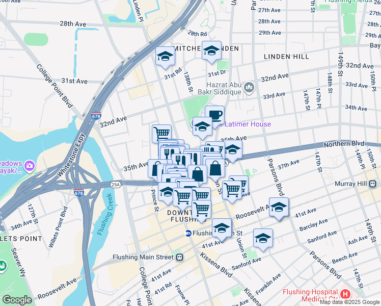 map of restaurants, bars, coffee shops, grocery stores, and more near in Queens