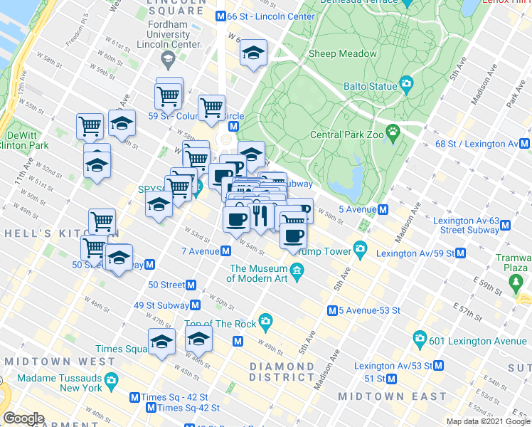 map of restaurants, bars, coffee shops, grocery stores, and more near 877 7th Avenue in New York