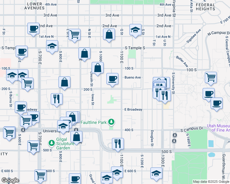 map of restaurants, bars, coffee shops, grocery stores, and more near 1058 East 200 South in Salt Lake City