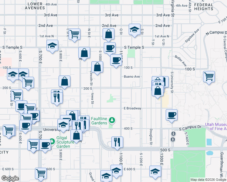 map of restaurants, bars, coffee shops, grocery stores, and more near 1054 East 200 South in Salt Lake City