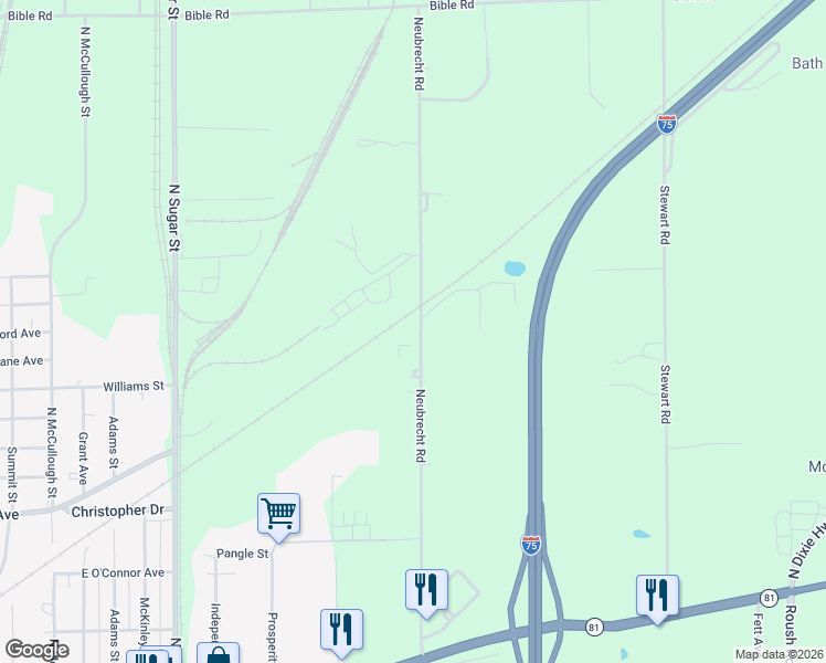 map of restaurants, bars, coffee shops, grocery stores, and more near 1391 Neubrecht Road in Lima