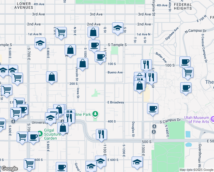 map of restaurants, bars, coffee shops, grocery stores, and more near 1104 East 200 South in Salt Lake City