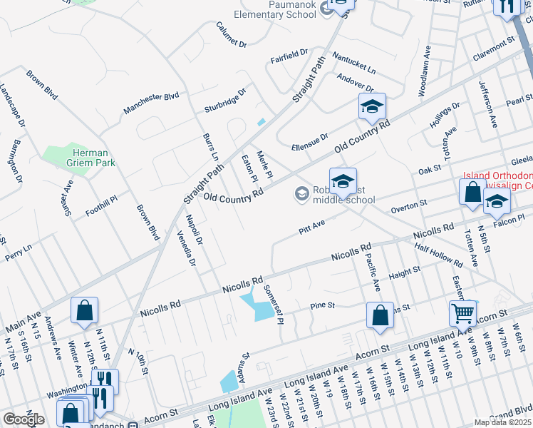 map of restaurants, bars, coffee shops, grocery stores, and more near 21 Morris Drive in Deer Park