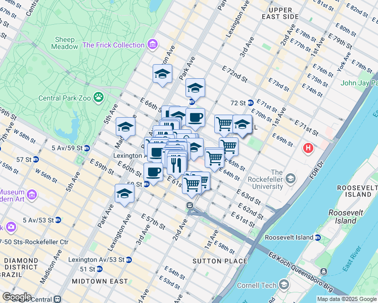 map of restaurants, bars, coffee shops, grocery stores, and more near East 64th Street in New York