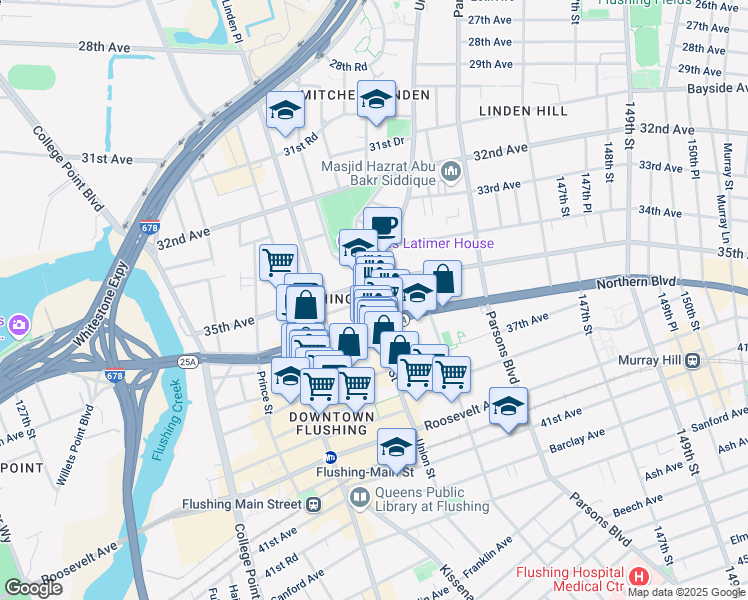 map of restaurants, bars, coffee shops, grocery stores, and more near 35-26 Union Street in Queens