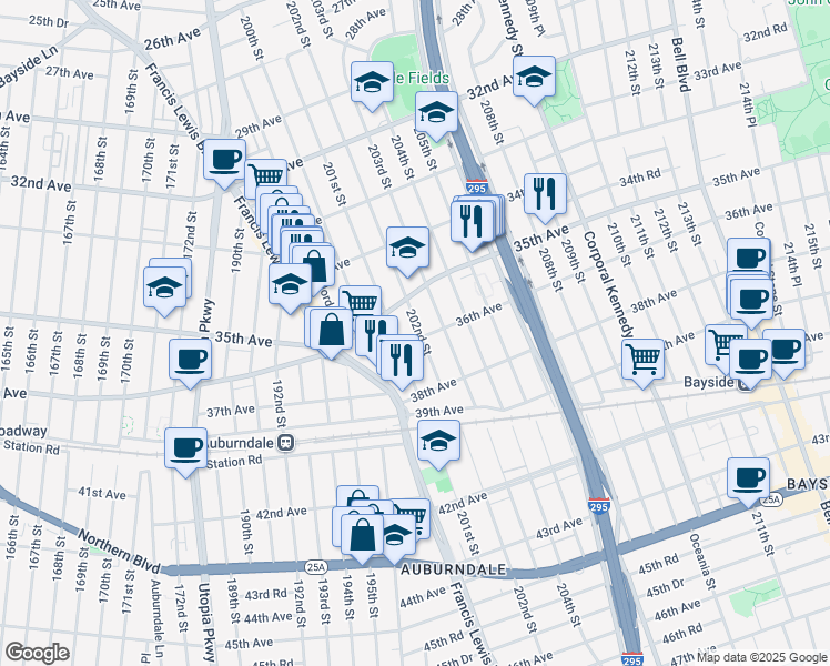 map of restaurants, bars, coffee shops, grocery stores, and more near 201-19 36th Avenue in Queens