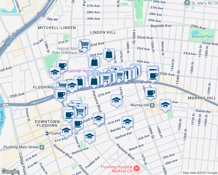 map of restaurants, bars, coffee shops, grocery stores, and more near 144-54 37th Avenue in Queens