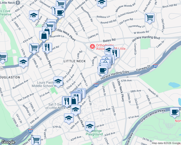 map of restaurants, bars, coffee shops, grocery stores, and more near 251-34 Thornhill Avenue in Queens