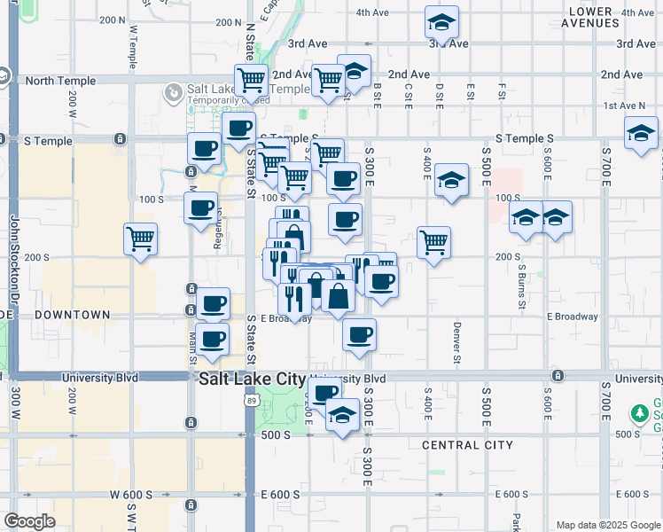 map of restaurants, bars, coffee shops, grocery stores, and more near 235 South 200 East in Salt Lake City