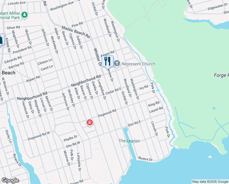 map of restaurants, bars, coffee shops, grocery stores, and more near 40 Lakeview Drive in Mastic Beach