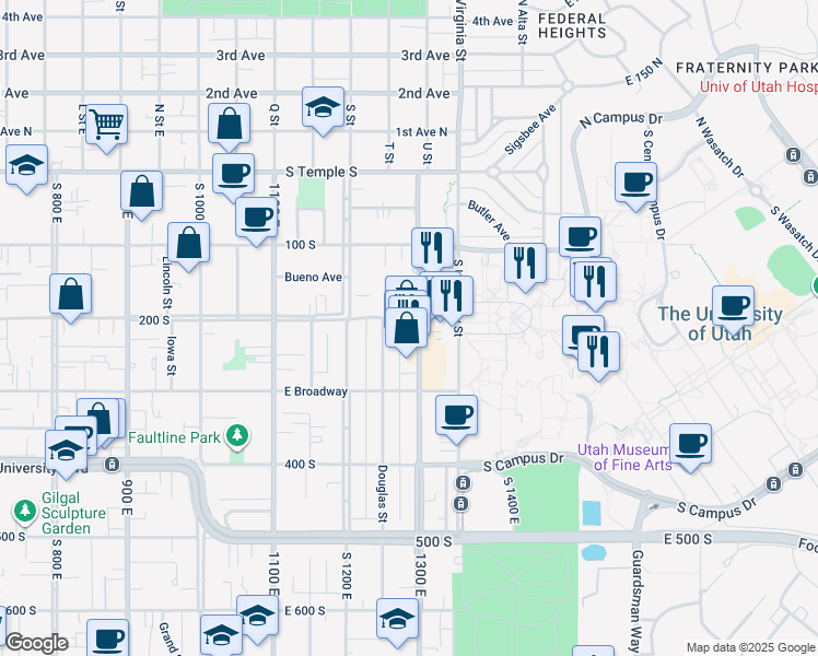 map of restaurants, bars, coffee shops, grocery stores, and more near 231 Douglas Street in Salt Lake City