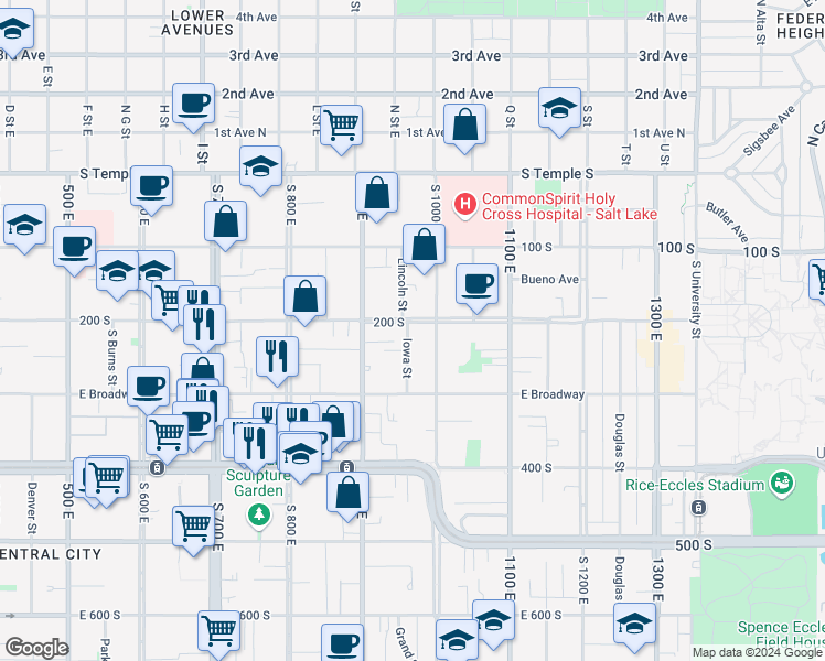 map of restaurants, bars, coffee shops, grocery stores, and more near 936 Pennsylvania Place in Salt Lake City