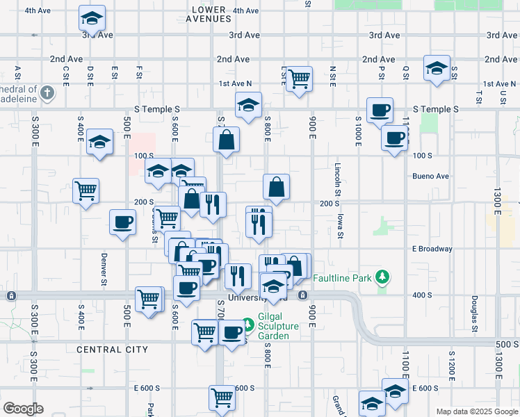 map of restaurants, bars, coffee shops, grocery stores, and more near 232 800 East in Salt Lake City