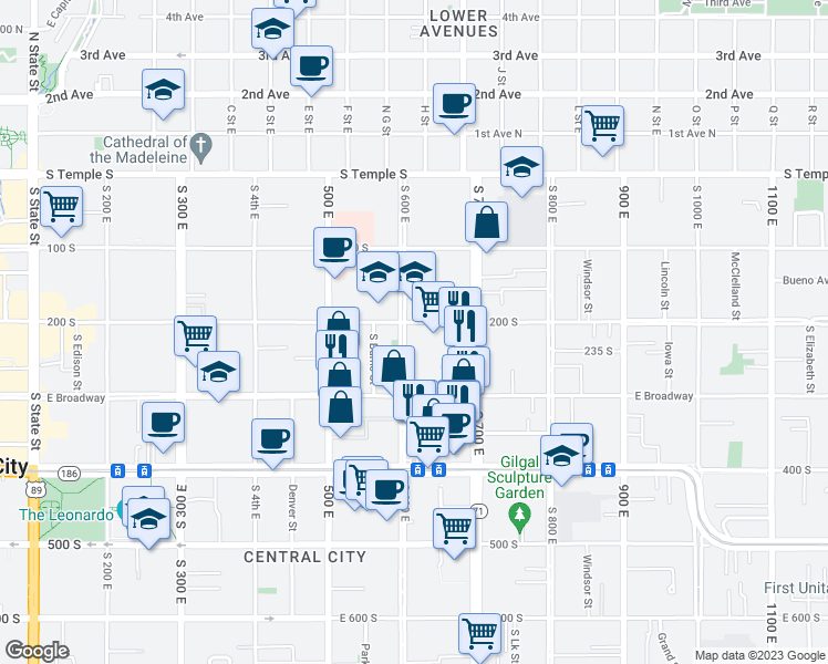 map of restaurants, bars, coffee shops, grocery stores, and more near 249 600 East in Salt Lake City