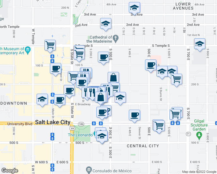 map of restaurants, bars, coffee shops, grocery stores, and more near 250 South 300 East in Salt Lake City