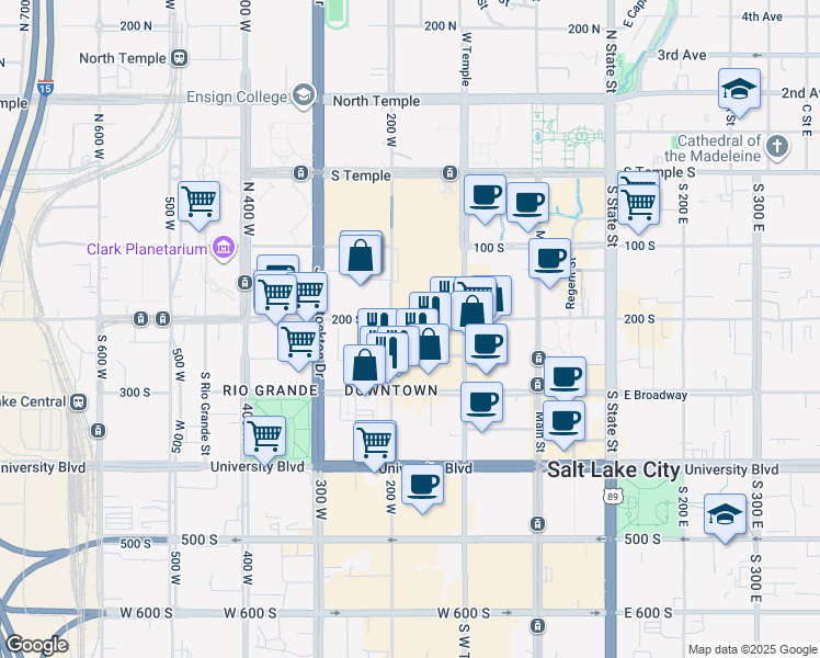 map of restaurants, bars, coffee shops, grocery stores, and more near 223 West 200 South in Salt Lake City