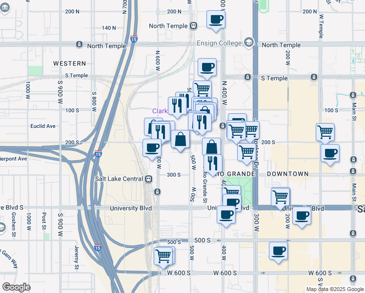 map of restaurants, bars, coffee shops, grocery stores, and more near 230 500 West in Salt Lake City