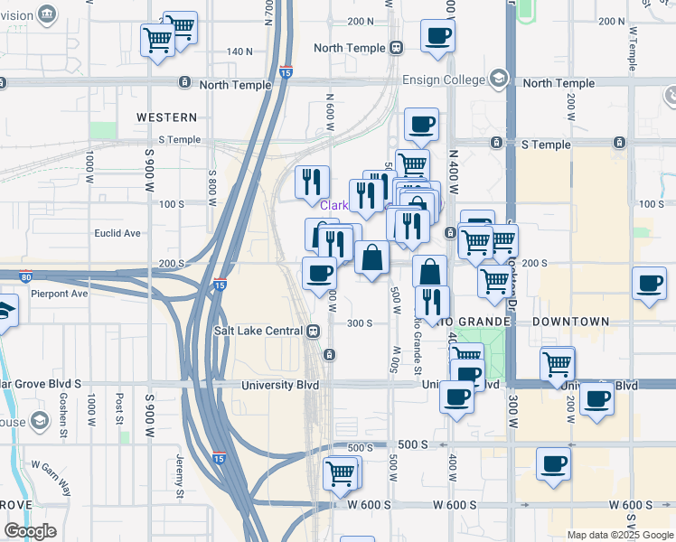 map of restaurants, bars, coffee shops, grocery stores, and more near 579 West 200 South in Salt Lake City