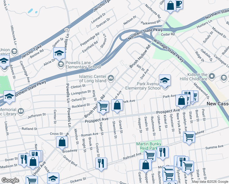 map of restaurants, bars, coffee shops, grocery stores, and more near 821 1st Avenue in Westbury