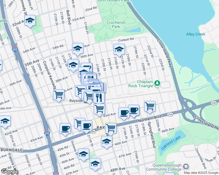 map of restaurants, bars, coffee shops, grocery stores, and more near 40-23 215th Street in Queens