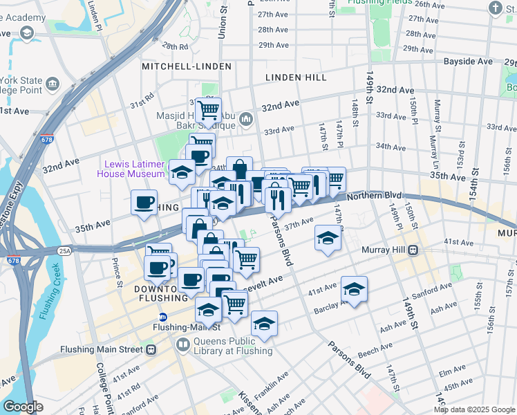 map of restaurants, bars, coffee shops, grocery stores, and more near 141-40 Northern Boulevard in Queens