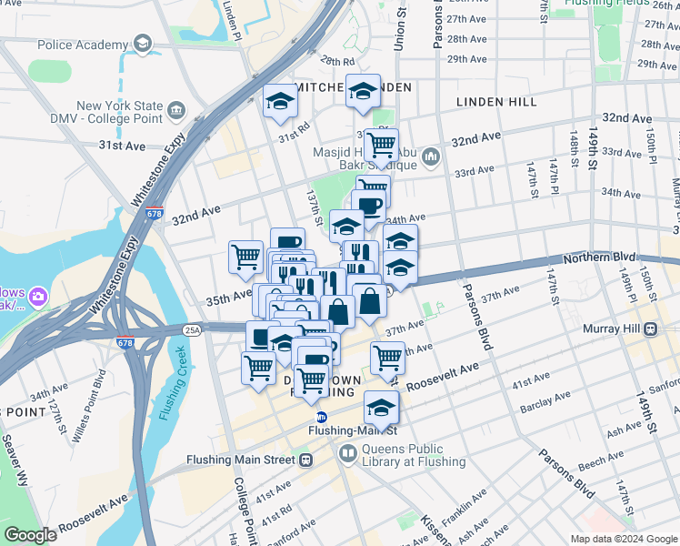 map of restaurants, bars, coffee shops, grocery stores, and more near in Queens